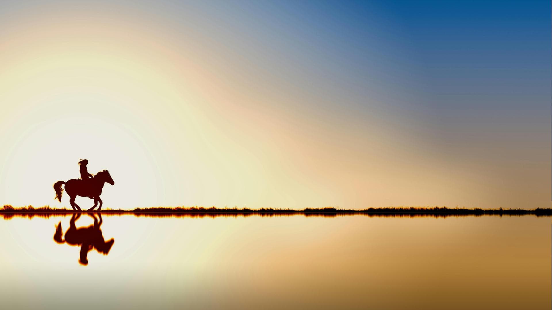Horse on horizon with rider at sunset